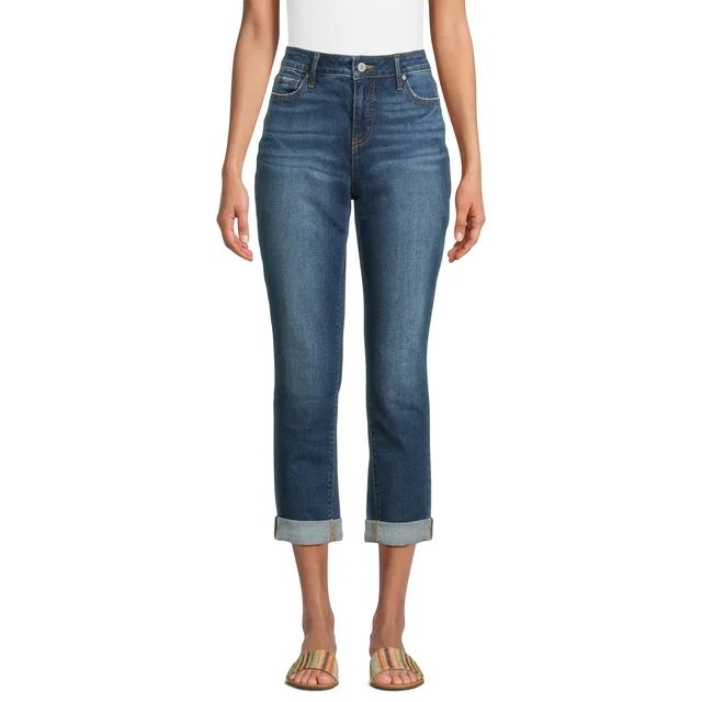 Time and Tru Women's Mid Rise Cropped Boyfriend Jeans with Rolled Cuffs, 26” Inseam, Sizes 2-20 | Walmart (US)