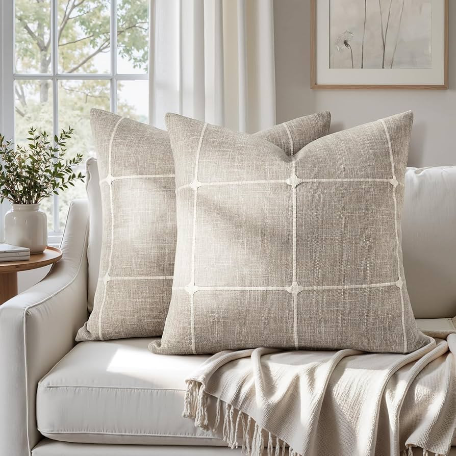 HOMEIDEAS Farmhouse Decorative Throw Pillow Covers 20x20 Set of 2, Tan Plaid Pillow Covers, Faux ... | Amazon (US)