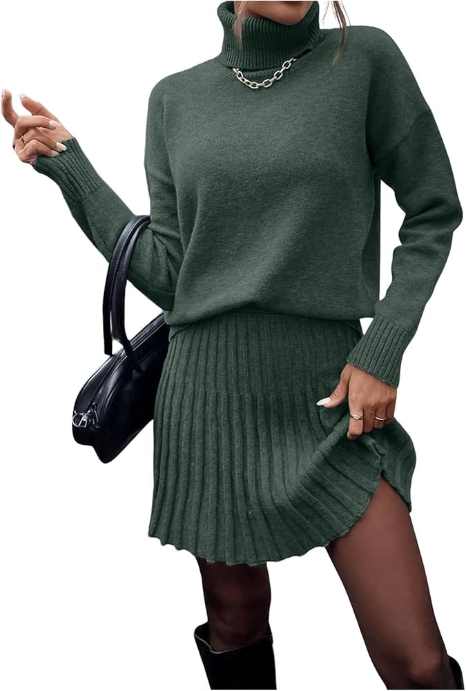 MakeMeChic Women's Sweater Skirt Sets 2 Piece Outfits Ribbed Knit Mock Neck Sweater Pullovers A L... | Amazon (US)