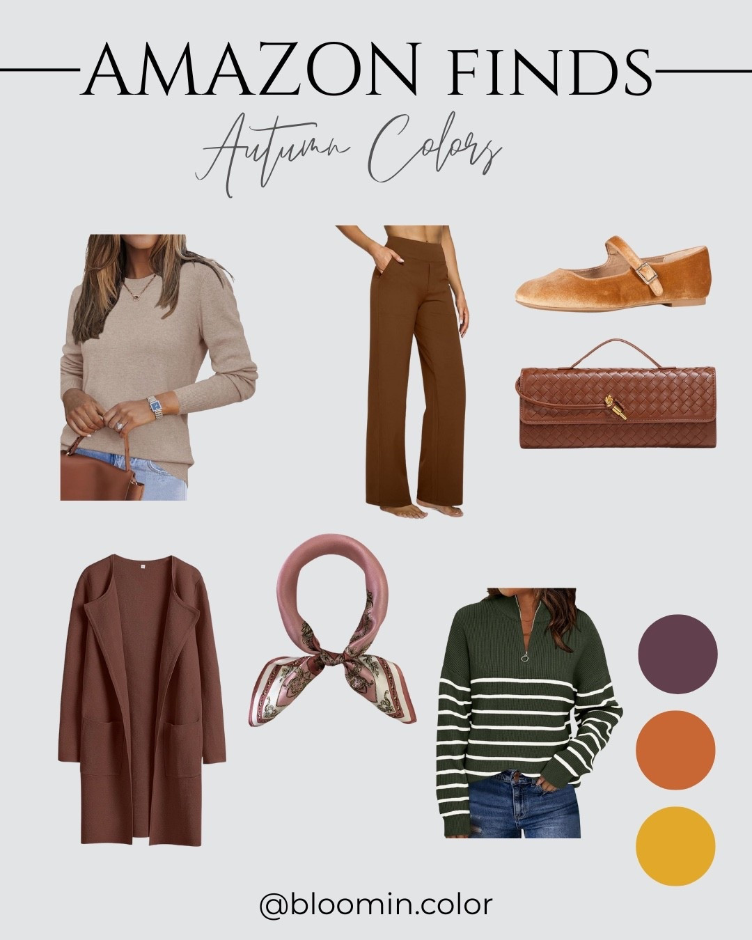 Fall finds  from Amazon for autumn’s

Silk scarf 
Suede ballet flats 
Stripped sweater 
Work pants oh, that’s beautiful. That’s so cute.

#LTKStyleTip #LTKSeasonal #LTKItBag