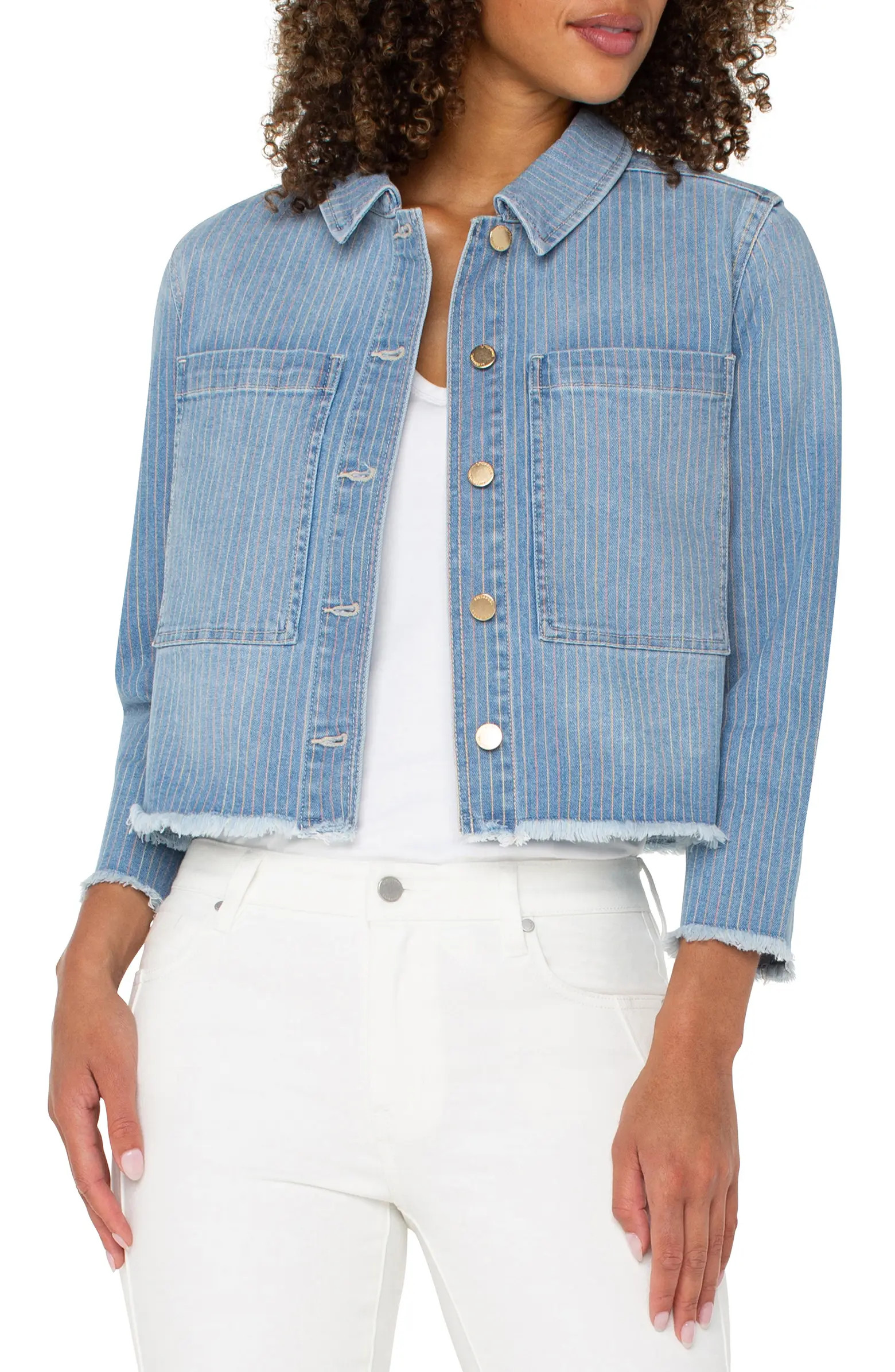 Liverpool Los Angeles Stripe Crop Denim Shacket | Nordstrom | Nordstrom