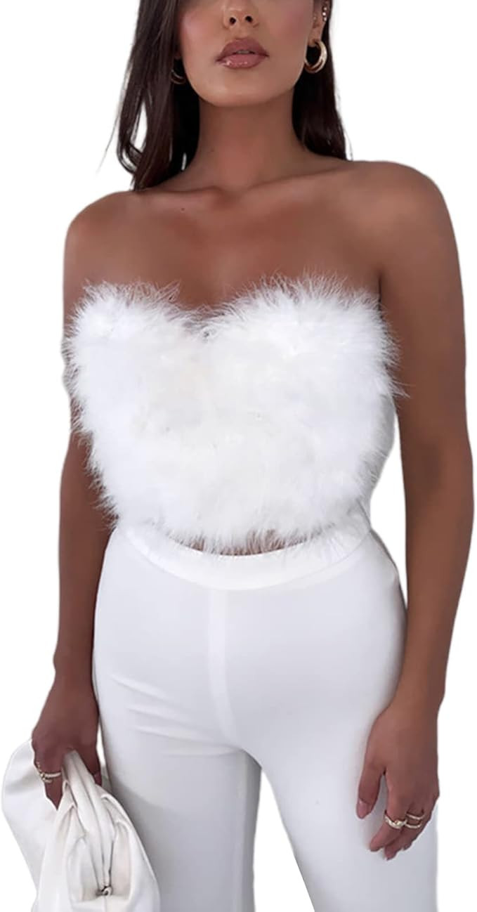 Women Sexy Feather Crop Tops Faux Fur Trim Sleeveless Vest Tank Top Party Club Streewear | Amazon (US)