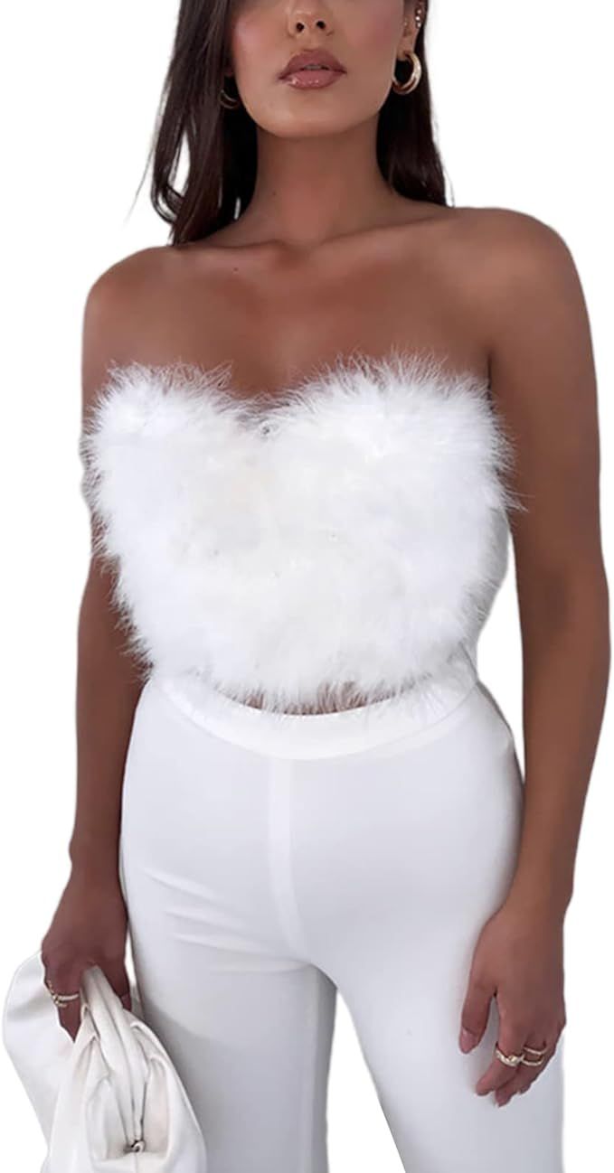 Women Sexy Feather Crop Tops Faux Fur Trim Sleeveless Vest Tank Top Party Club Streewear | Amazon (US)