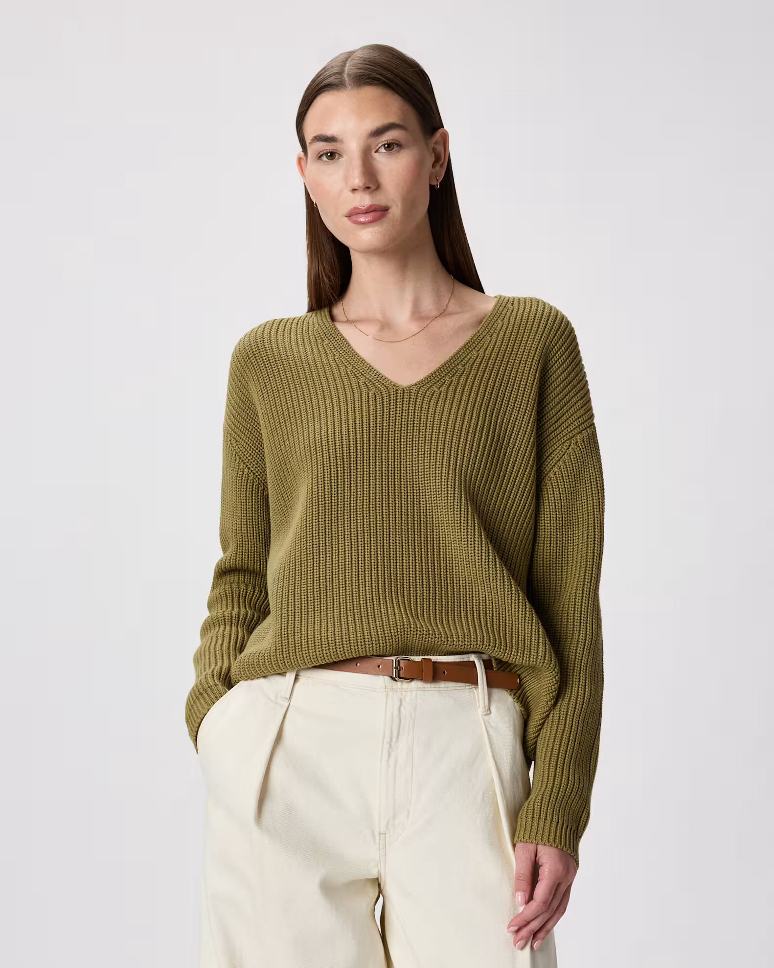 100% Organic Cotton Fisherman V-Neck Sweater in Herb Green | Quince