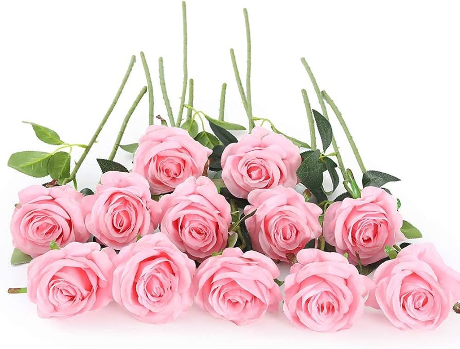Laelfe 12 PCS Artificial Flowers Pink Roses Silk Flowers Fake Long Stem Artificial Roses for Home... | Amazon (US)