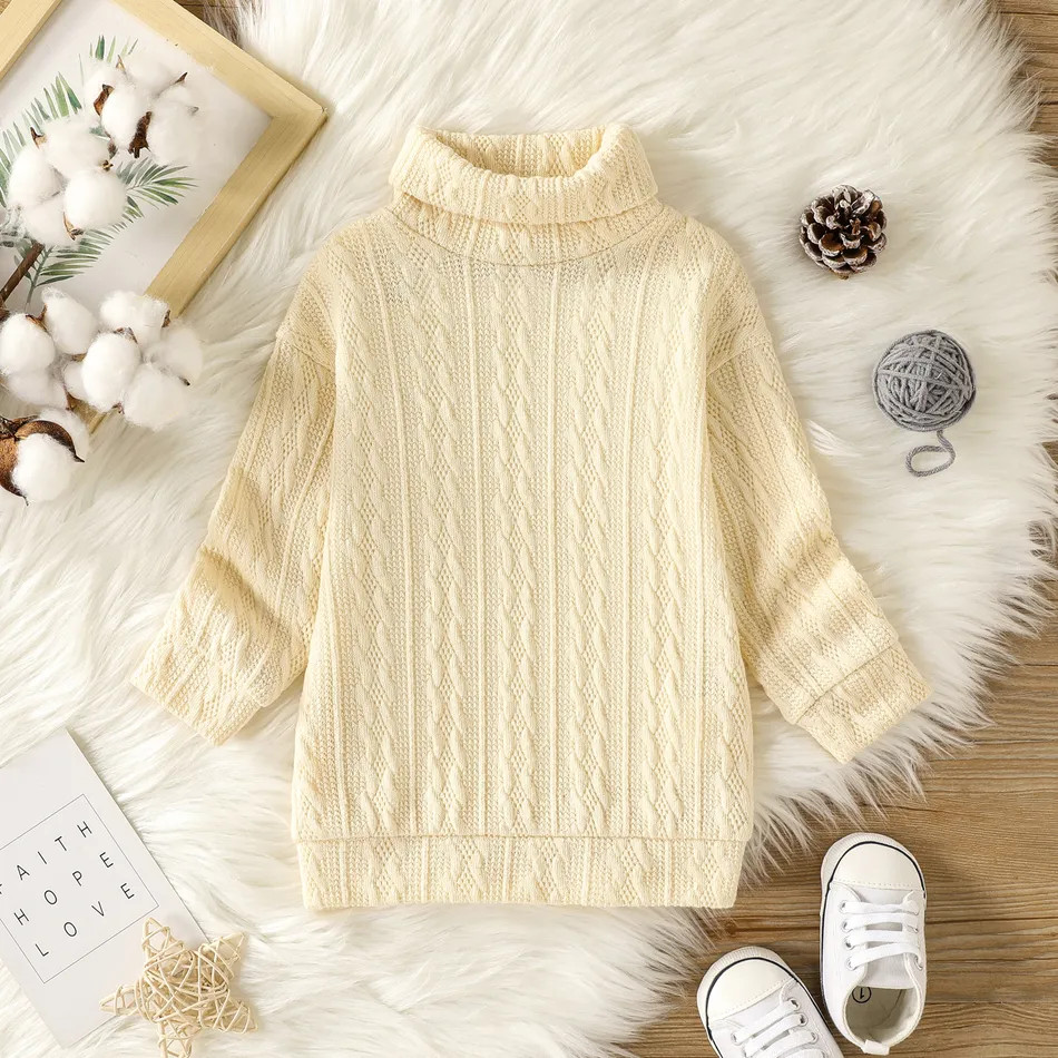 Baby Girl Solid Cable Knit Turtleneck Long-sleeve Sweater Dress | PatPat