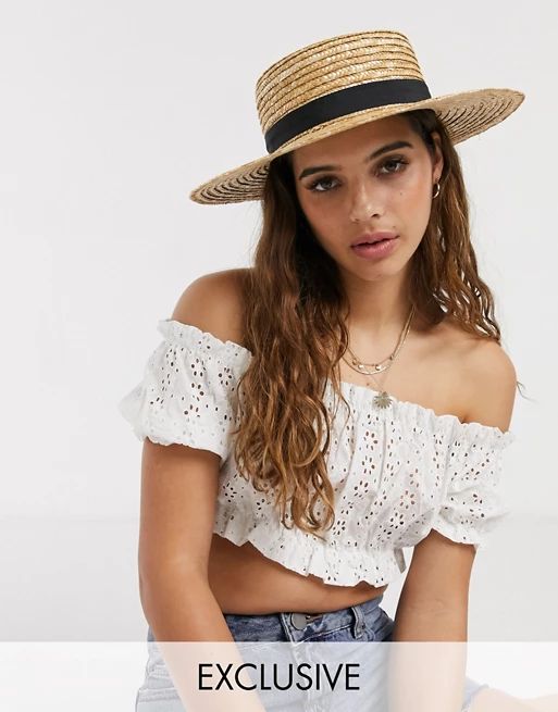 South Beach Exclusive straw boater hat with black ribbon and size adjuster | ASOS US