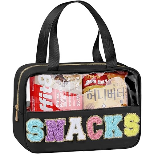 Snack Bag for Travel - Chenille Letter Clear Makeup Bag, Large Preppy Patch Snack Cosmetic Bag with Handle and Zipper, Cute Makeup Pouch Nylon&PVC Waterproof Toiletry Organizer Storage for Women | Amazon (US)