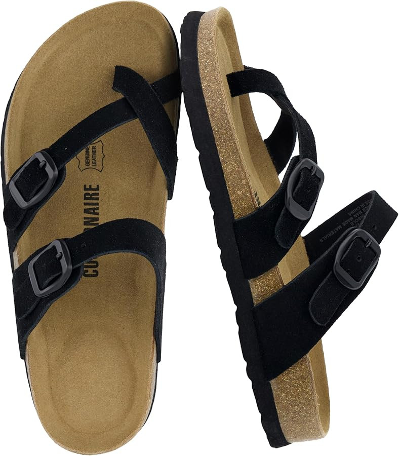 CUSHIONAIRE Lucky 100% Genuine Leather Suede Womens Sandals, Comfortable Cork Footbed Slides for ... | Amazon (US)