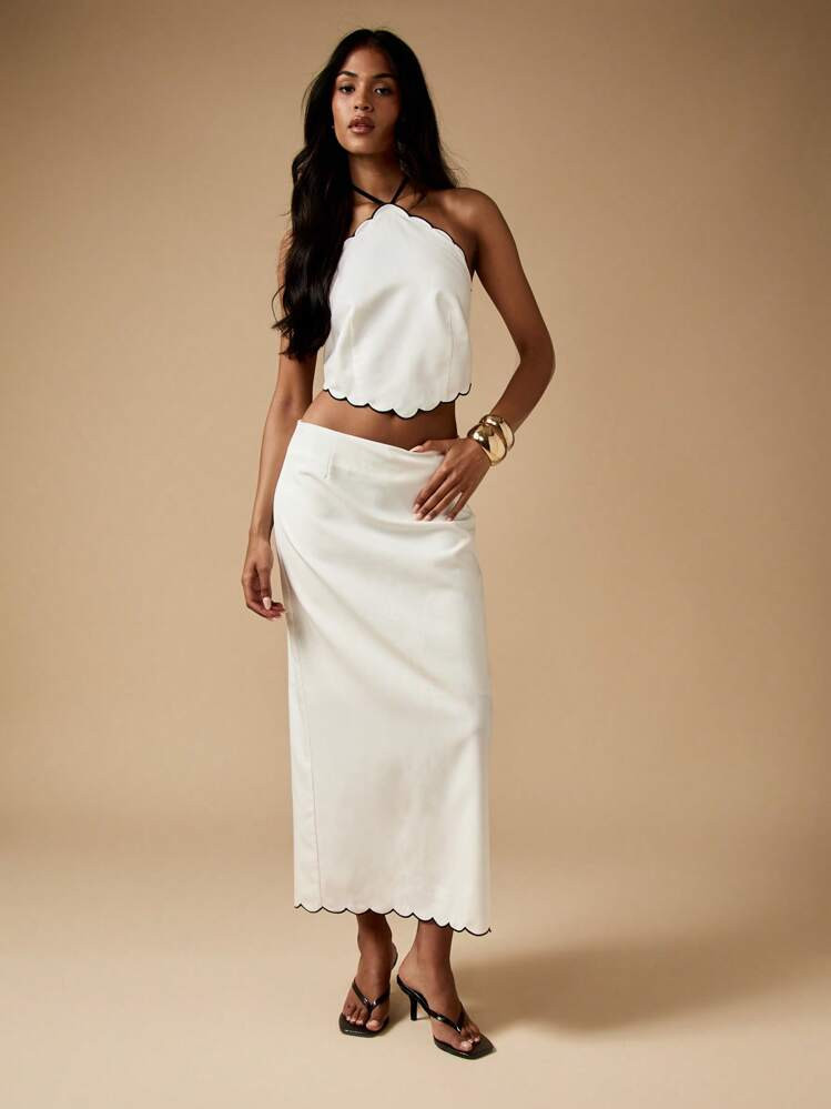 MISSGUIDED Scalloped Edge Halter Neck Crop Top And Midi Skirt Co-Ord Set Summer Beach Wedding Guest Resort Vacation Party Evening Occasion Wear | SHEIN