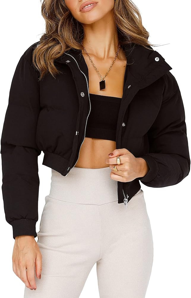 Uaneo Womens Cropped Puffer Jacket Stand Collar Zip Up Winter Padded Down Coats | Amazon (US)
