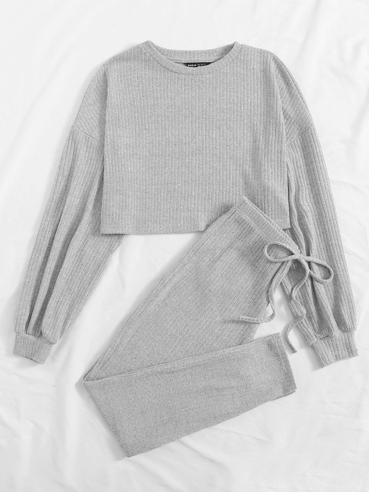 SHEIN Plus Drop Shoulder Tee & Knot Front Leggings Set | SHEIN