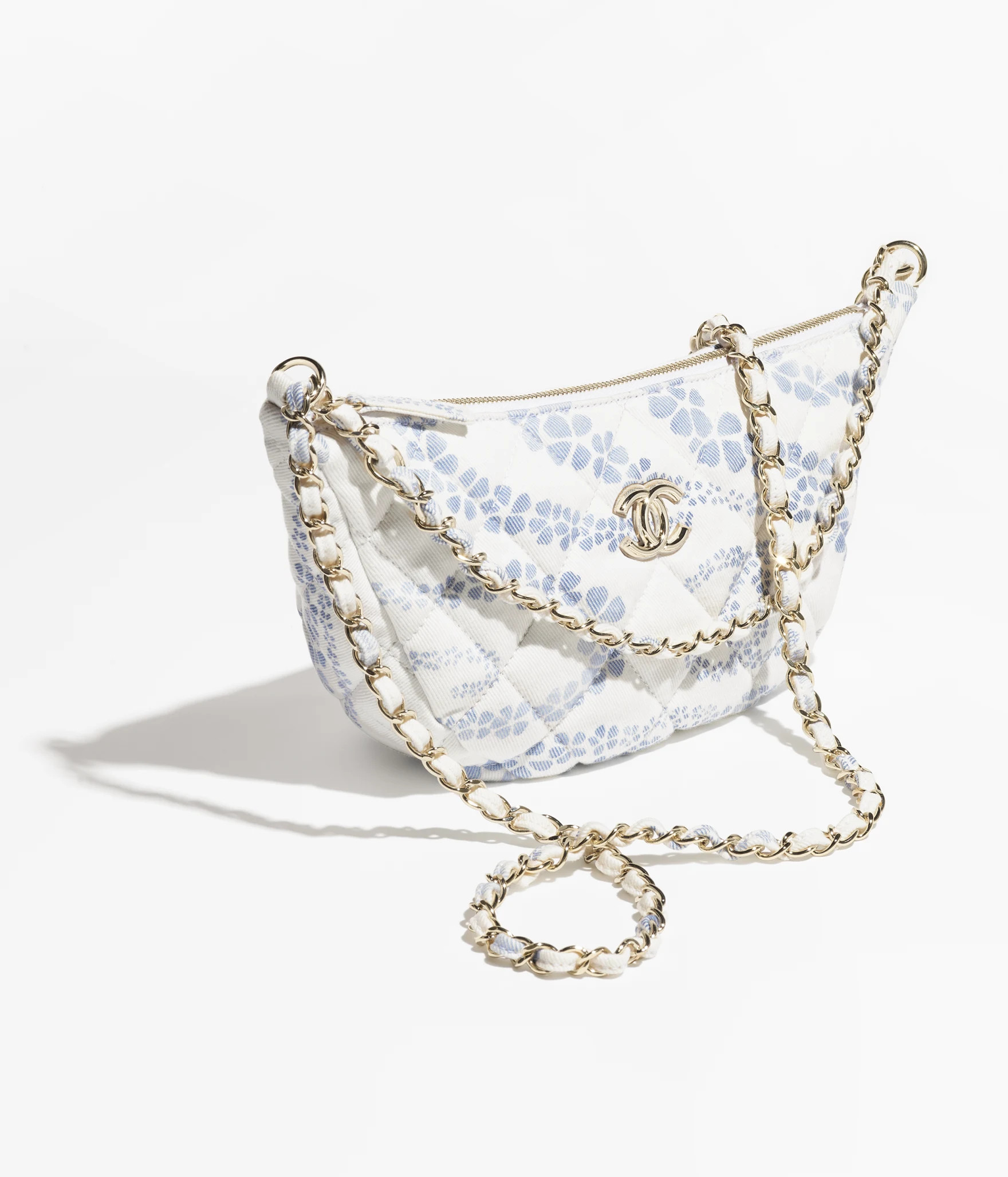 Large hobo bag, Printed denim & gold-tone metal, white & blue — Fashion | CHANEL | Chanel, Inc. (US)