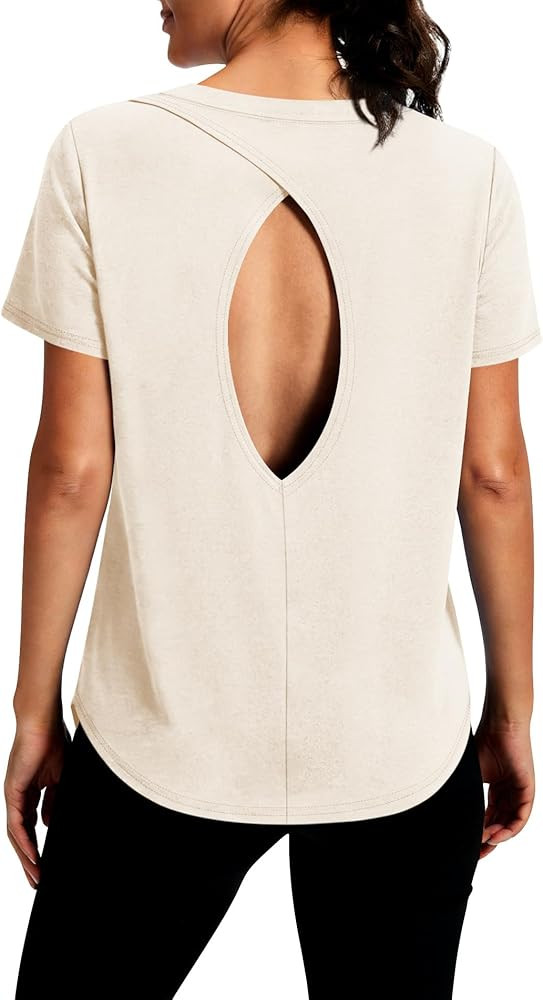 Alaroo Open Back Workout Tops for Women Short Sleeve Yoga Pilates Outfits Athletic Gym Shirts Fit... | Amazon (US)
