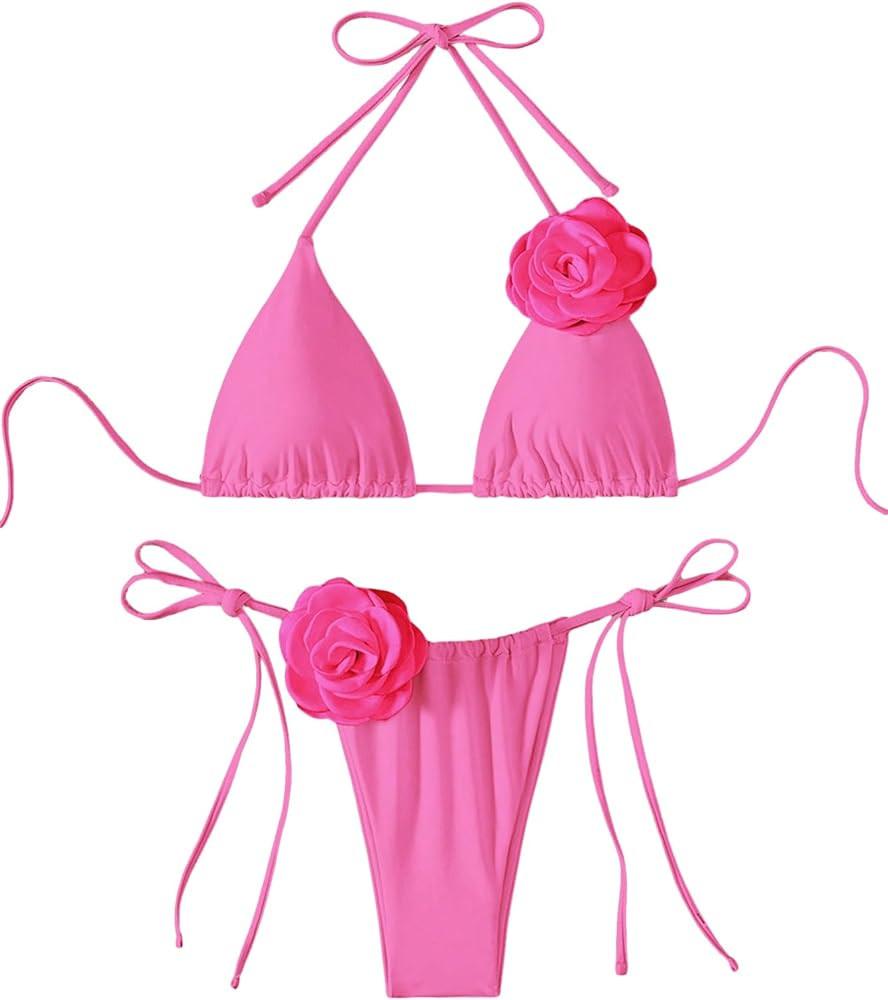 COZYEASE Women's 2 Piece Swimsuits Floral Appliques Halter Tie Side Triangle Thong Bikini Sets Ba... | Amazon (US)