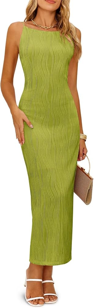 Wenrine Womens Sleeveless Midi Dress Backless Spaghetti Strap Textured Slit Elegant Cocktail Part... | Amazon (US)