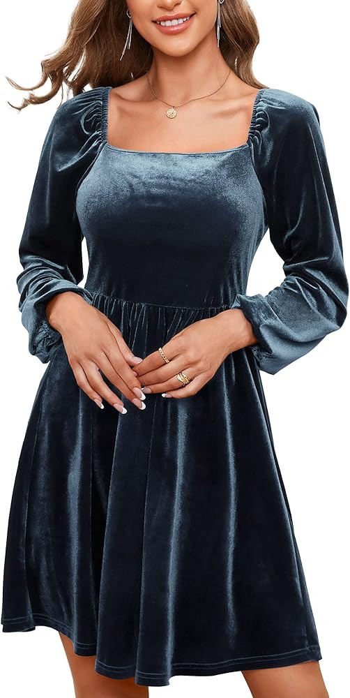 MSBASIC Velvet Dress for Women Long Puff Sleeve Square Neck Elegant Cocktail Dresses | Amazon (US)