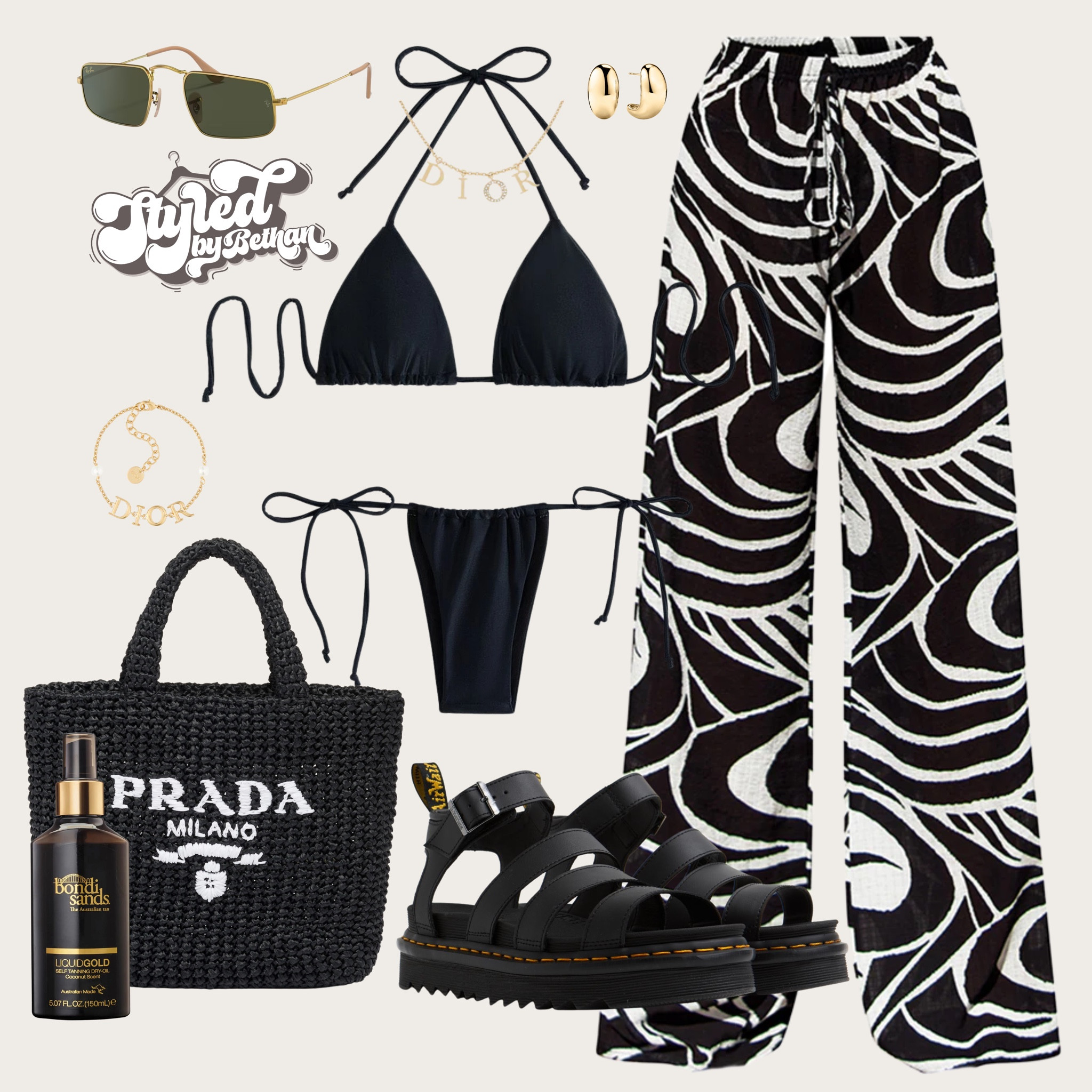 Beach day 🦓 tags: shein black bikini, pretty little thing black and white monochrome wide leg trousers, beach coverup, dr marten chunky blaire sandals, prada black beach bag, Dior gold bracelet and necklace, mejuri gold dome earrings, ray ban sunglasses. Summer holiday vacation Ibiza Marbella Greece tenerife girls holiday outfit inspiration inspo for beach day pool day. 

#LTKswimwear #LTKsummer #LTKeurope