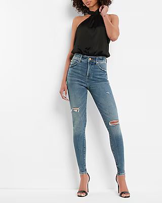 High Waisted Medium Wash Ripped Skinny Jeans | Express