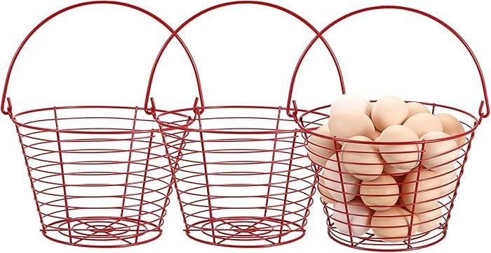 3 PCS 8" Red Round Wire Egg Baskets for Fresh Egg With Handle, Small Metal Collecting Basket for ... | Amazon (US)