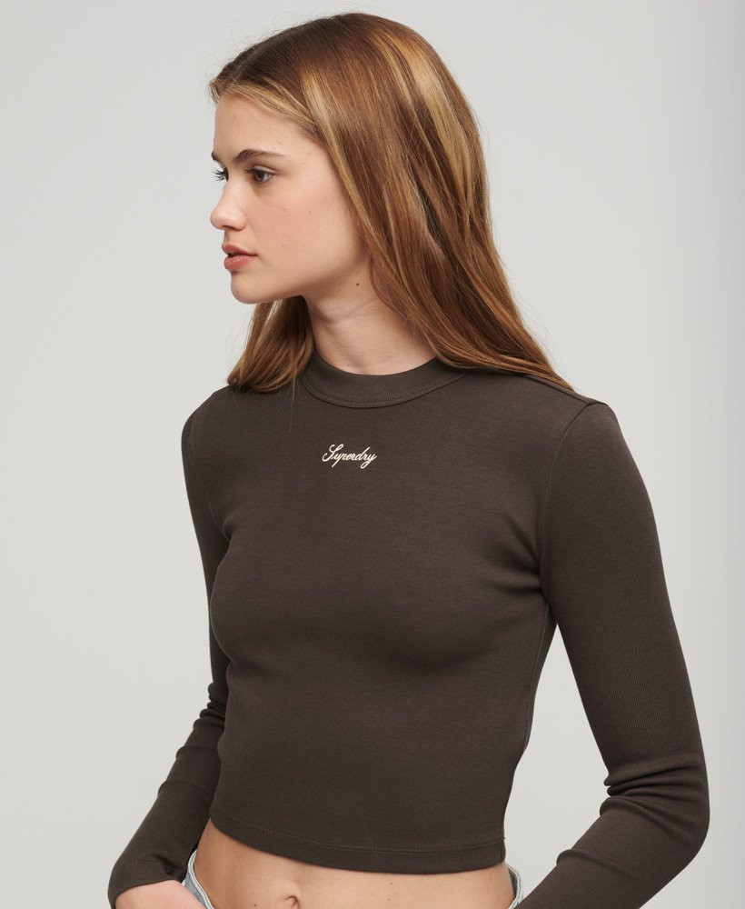 Ribbed Long Sleeve Embroidered Fitted Top | Superdry (UK)