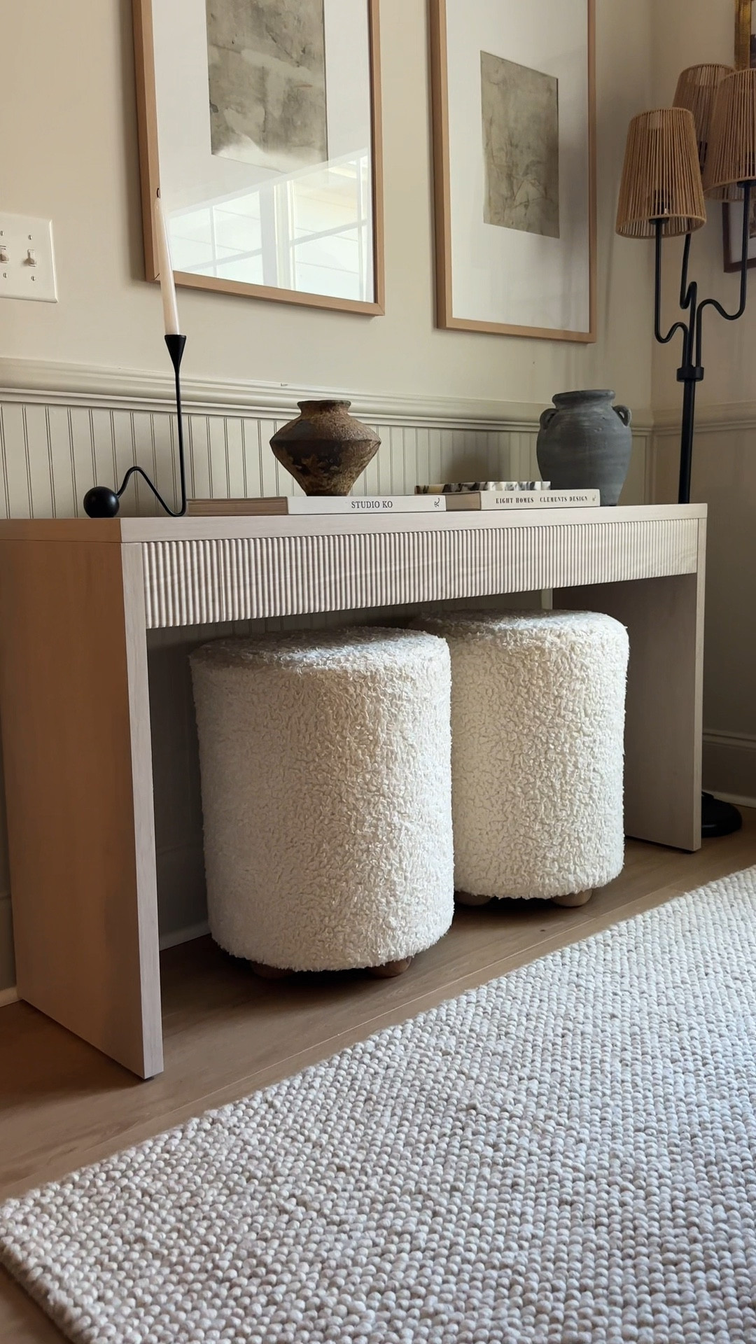 Console table styling! Beautiful table easy to assemble
Console table fluted console
Styling home decor Sherpa ottomans neutral rug console styling
Organic modern decor 
Japandi wabi sabi home 

#LTKHome #LTKVideo #LTKFindsUnder50