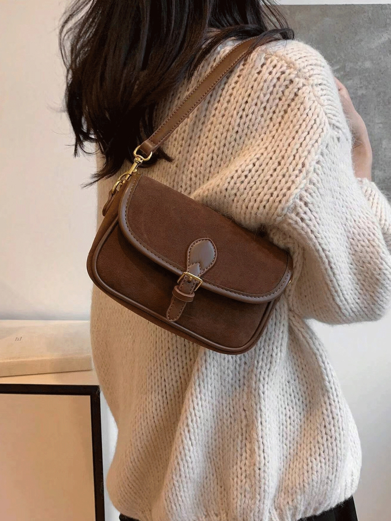 In 2024, The New Classic Joker Solid Color New Suede Bag Splicing Fabric Underarm Saddle Bag Is S... | SHEIN