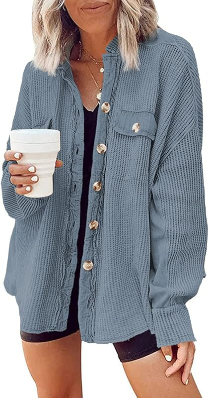 Yanekop Womens Waffle Knit Shacket Boyfriend Shirt Jacket Button Down Blouse Loose Fit Long Sleeve T | Amazon (US)