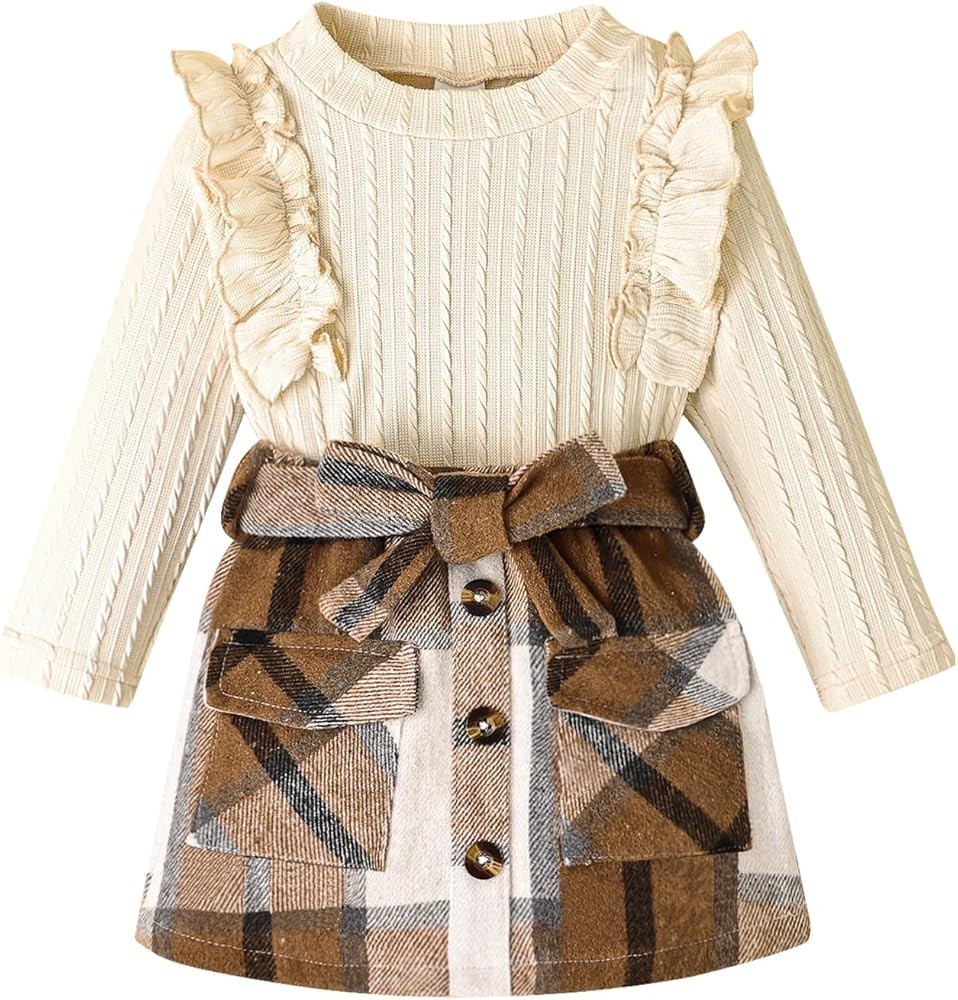Toddler Girl Fall Winter Clothes Cute Ruffled knitted Shirt Tops Plaid Pleated Mini Skirt Belt 3 ... | Amazon (US)
