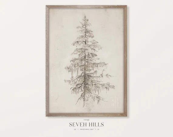 Pine Tree Sketch Printable Vintage Painting Vertical | Etsy | Etsy (US)