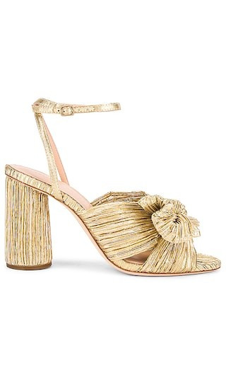 Loeffler Randall Camellia Bow Heel With Ankle Strap in Metallic Gold. - size 6 | Revolve Clothing (Global)