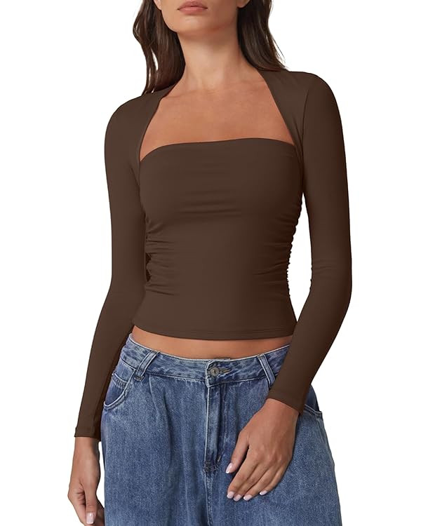 QINSEN Womens Square Neck Long Sleeve Tops Double Lined Slim Fit Going Out Tee Shirt Crop Top | Amazon (US)