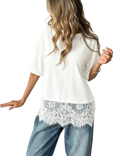 Verdusa Women's Y2k Lace Tops Summer Short Sleeve Tshirts Basic Tees Going Out Outfits | Amazon (US)