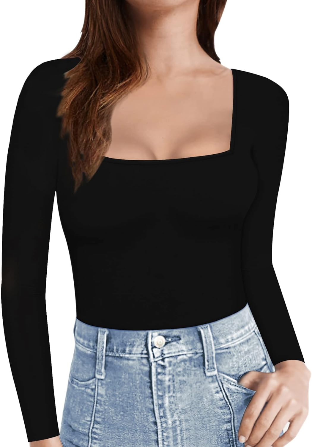 MANGOPOP Womens Short Sleeve Long Sleeve Square Neck T Shirts Tops Tees | Amazon (US)
