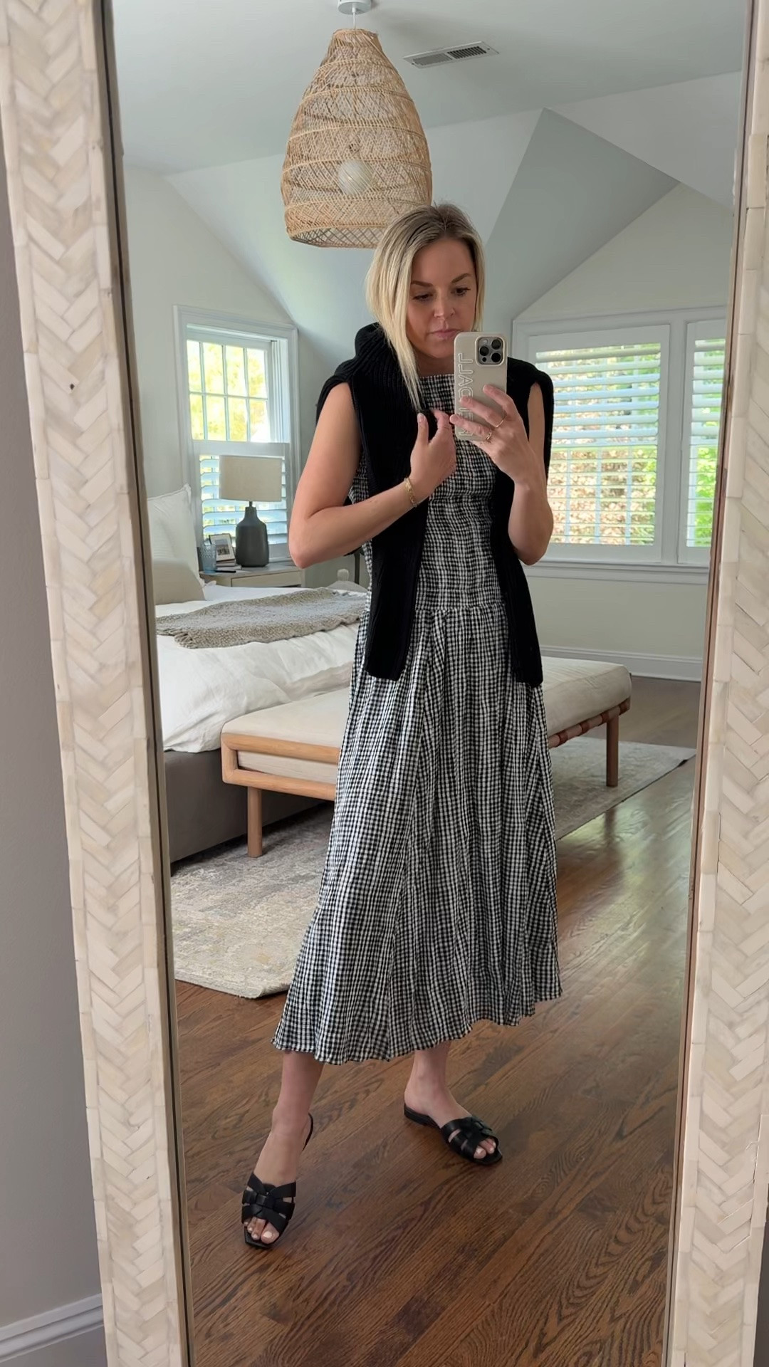 Easy toss-on-and-go Spring/summer dress I’m 5’5 wearing an XS 
-medium sweater 
-sandals tts