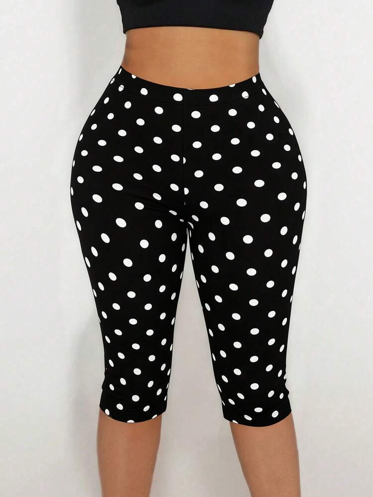 Women's Black Polka Dot Capri Leggings, High-Elastic Fabric, Casual Cropped Pants. Vacation Summe... | SHEIN