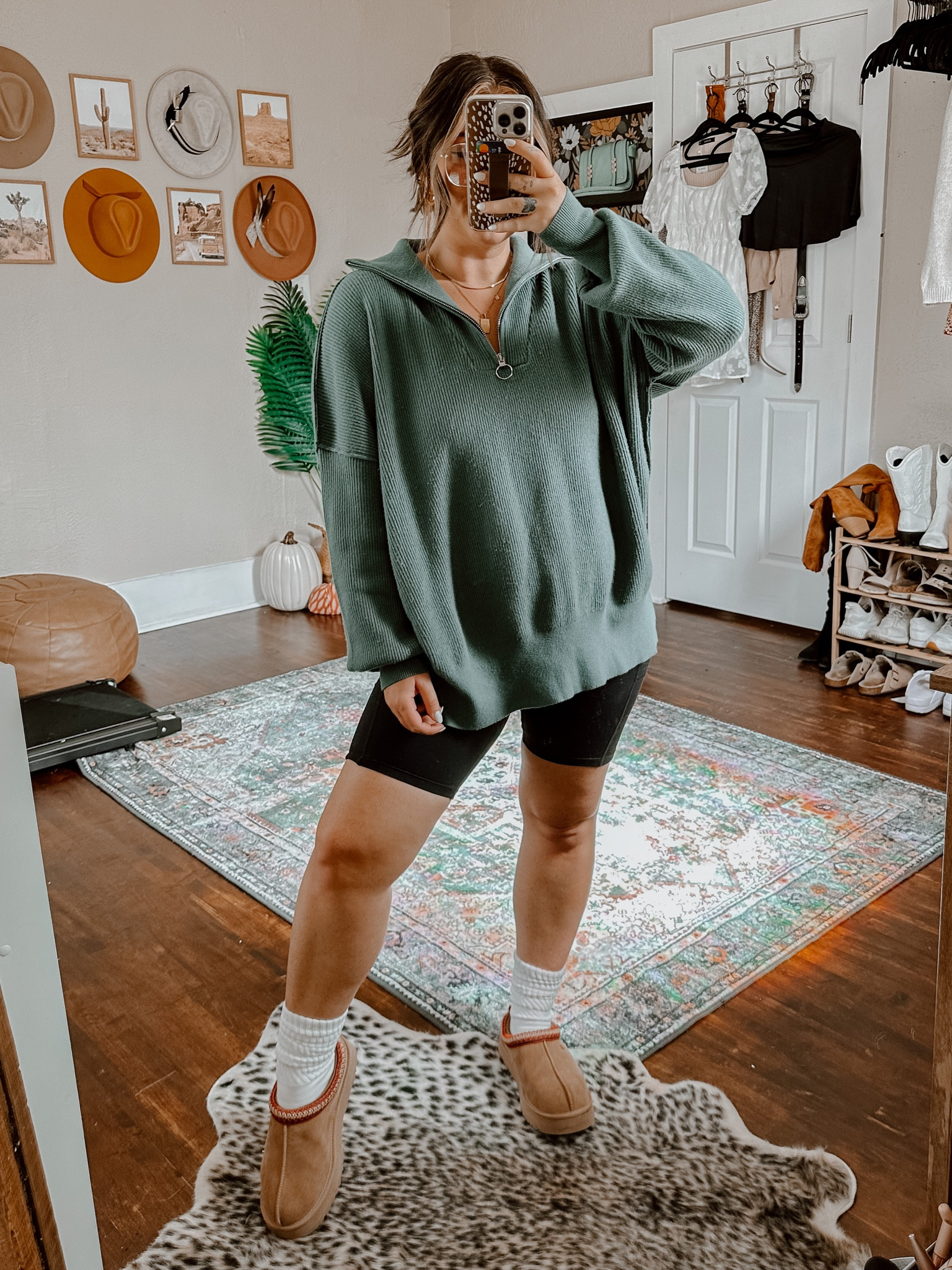 Comfy cozy casual fall outfit idea. Lazy day outfit idea. Fall lounge outfit. Work from home fall outfit. Sweater oversized fit. Biker shorts TTS. Slippers suggest sizing up on! MULTIPLE UGG TAZZ SLIPPERS IN STOCK AND AFFORDABLE OPTIONS

#LTKfindsunder50 #LTKSeasonal #LTKCon