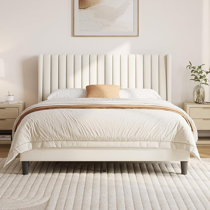 Yaheetech Queen Bed Frame Upholstered Platform Bed with Fabric Headboard, Wing Edge Design/Non-Sl... | Amazon (US)