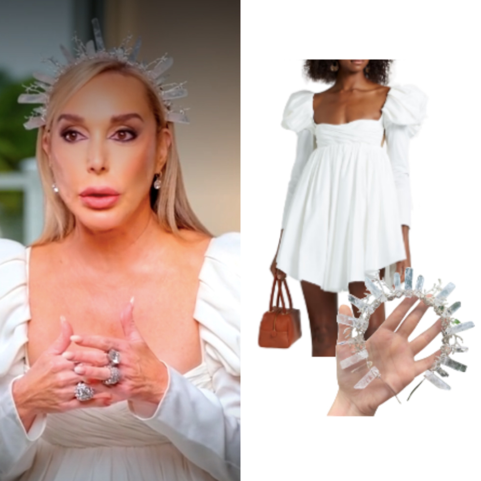 Marysol Patton’s White Puff Sleeve Confessional Dress and Crystal Crown ID: @marysolpatton