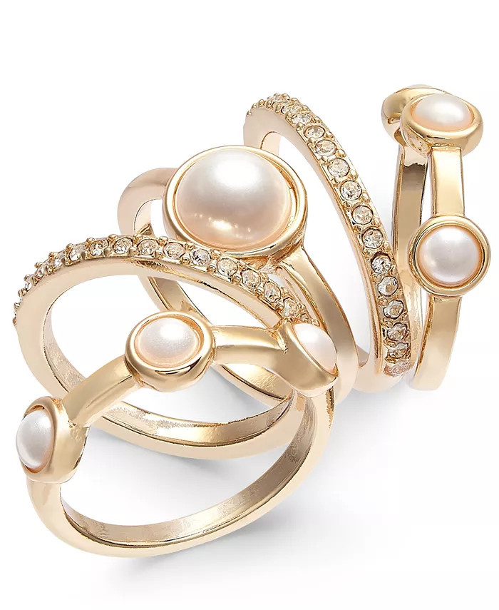 Gold-Tone 5-Pc. Set Pavé & Imitation Pearl Stackable Rings, Created for Macy's | Macys (US)