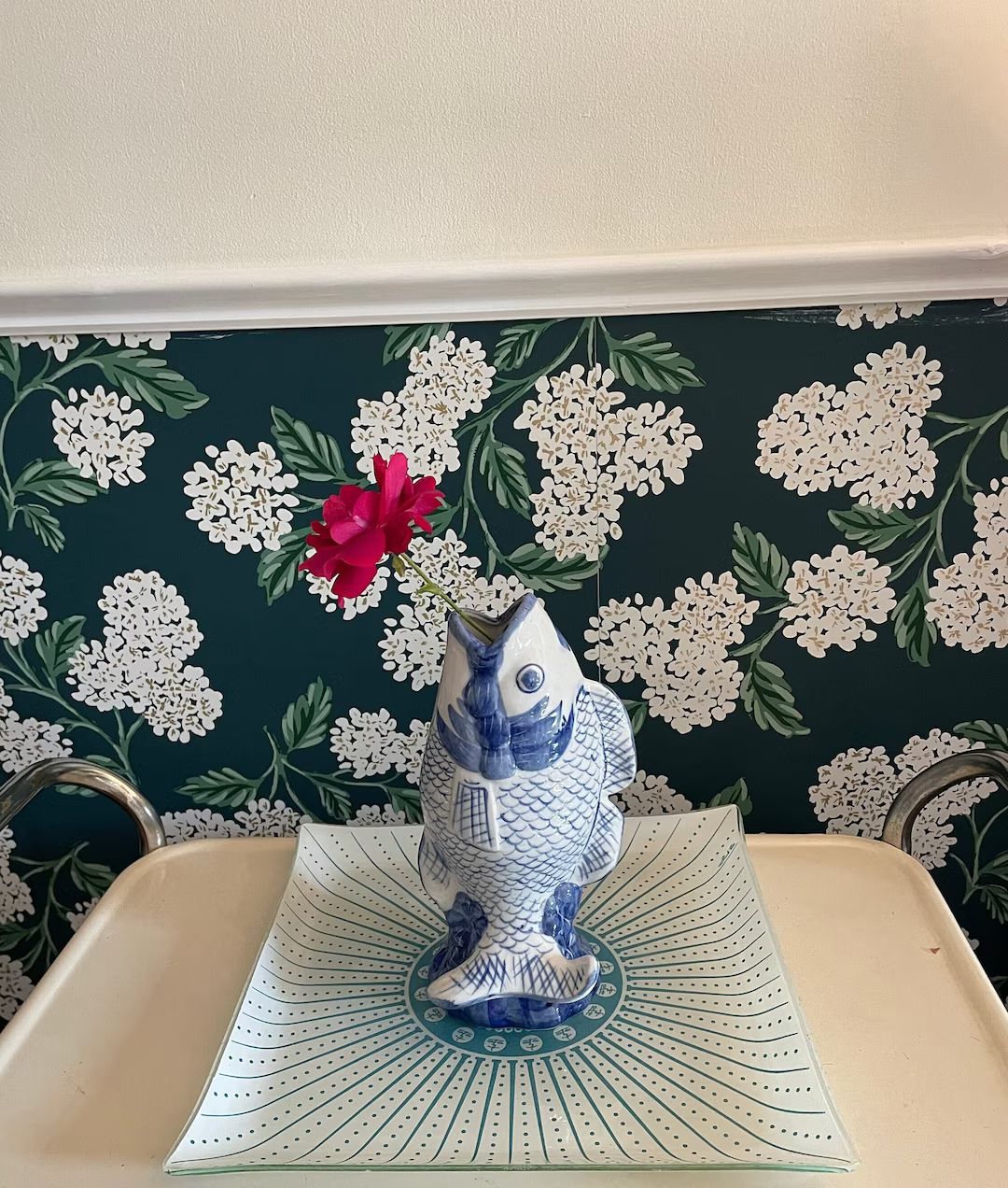 1960s/1970s Blue and White Hand Painted Koi Fish Vase - Etsy | Etsy (US)