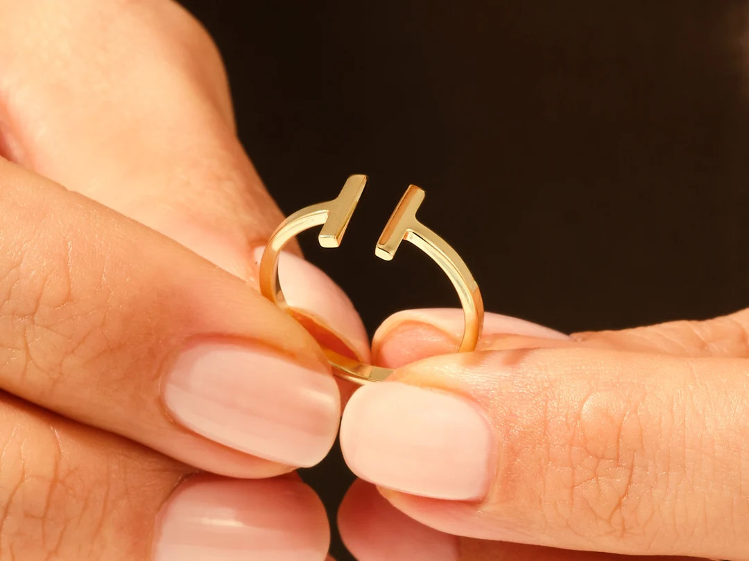 14k Solid Gold T Ring / Minimalist Open Stacking Ring / Square Ring / 14k Gold Rings for Women / ... | Etsy (US)