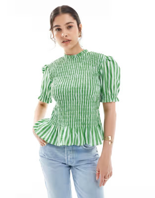 ASOS DESIGN - Hoogsluitende gestreepte top met gesmokt lijfje en korte mouwen | ASOS | ASOS (Global)