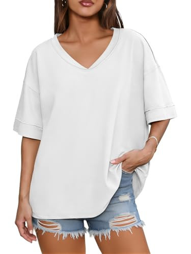 Tankaneo Womens V Neck Oversized Tshirts Summer Casual Short Sleeve Shirts Baggy Loose Fit Tees Tunic Tops White | Amazon (US)