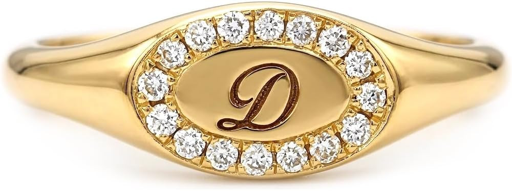Elegant jewel box Women Oval diamond signet ring in solid Gold 9k,14k,18k, dainty signet with diamonds, Oval chevalier ring, Anniversary, RN300 | Amazon (US)