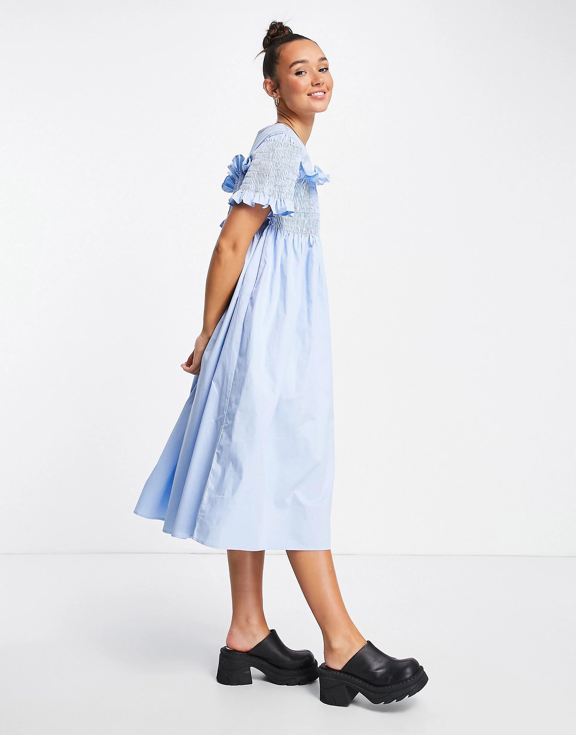 Lost Ink shirred frill detail midaxi dress in cornflower blue | ASOS (Global)