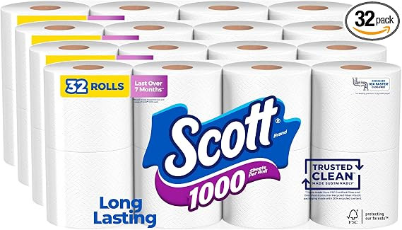 Scott 1000 Trusted Clean Toilet Paper, 32 Rolls, Septic-Safe, 1-Ply Toilet Tissue | Amazon (US)