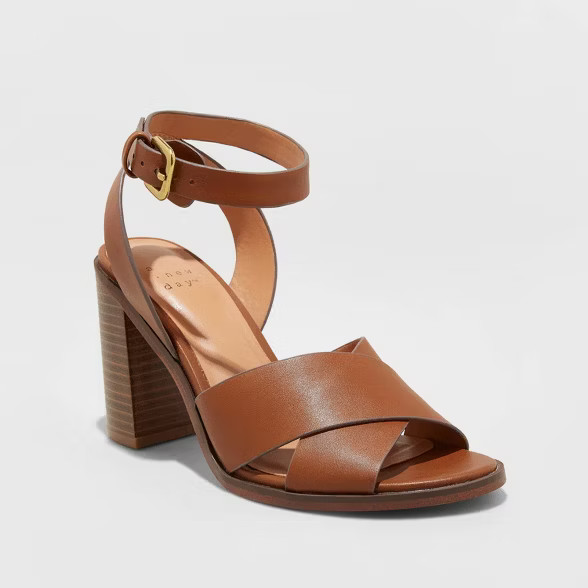 Women's Beatriz Faux Leather Crossband Stacked Heel Pumps - A New Day™ | Target