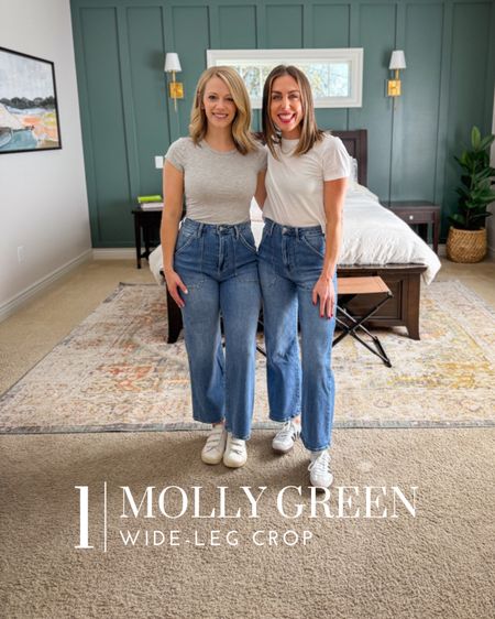 Molly green wide-leg crop jeans
K: 24
M: 25
.
Size down if in between - great stretch, but stays up! Comfort level 10/10
.
We are both 5’w2"

#LTKfindsunder100 #LTKshoecrush #LTKstyletip