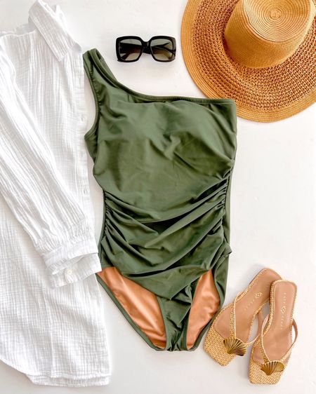J. Crew sleek ruched one shoulder one-piece swimsuit size 10. J. Crew Factory swim coverup size large. J. Crew straw hat. Katy Perry shell raffia sandals true to size. Gucci sunglasses.

Beachwear, swimsuit, summer outfit, vacation outfit, pool attire, vacation outfit ideas, resort wear, resort style, vacation style, bathing suit, curvy swimwear, swim style, island outfit, mid size style, spring break outfit, summer outfits, strapless bathing suit, one shoulder swimsuit

#LTKStyleTip #LTKSwim #LTKShoeCrush